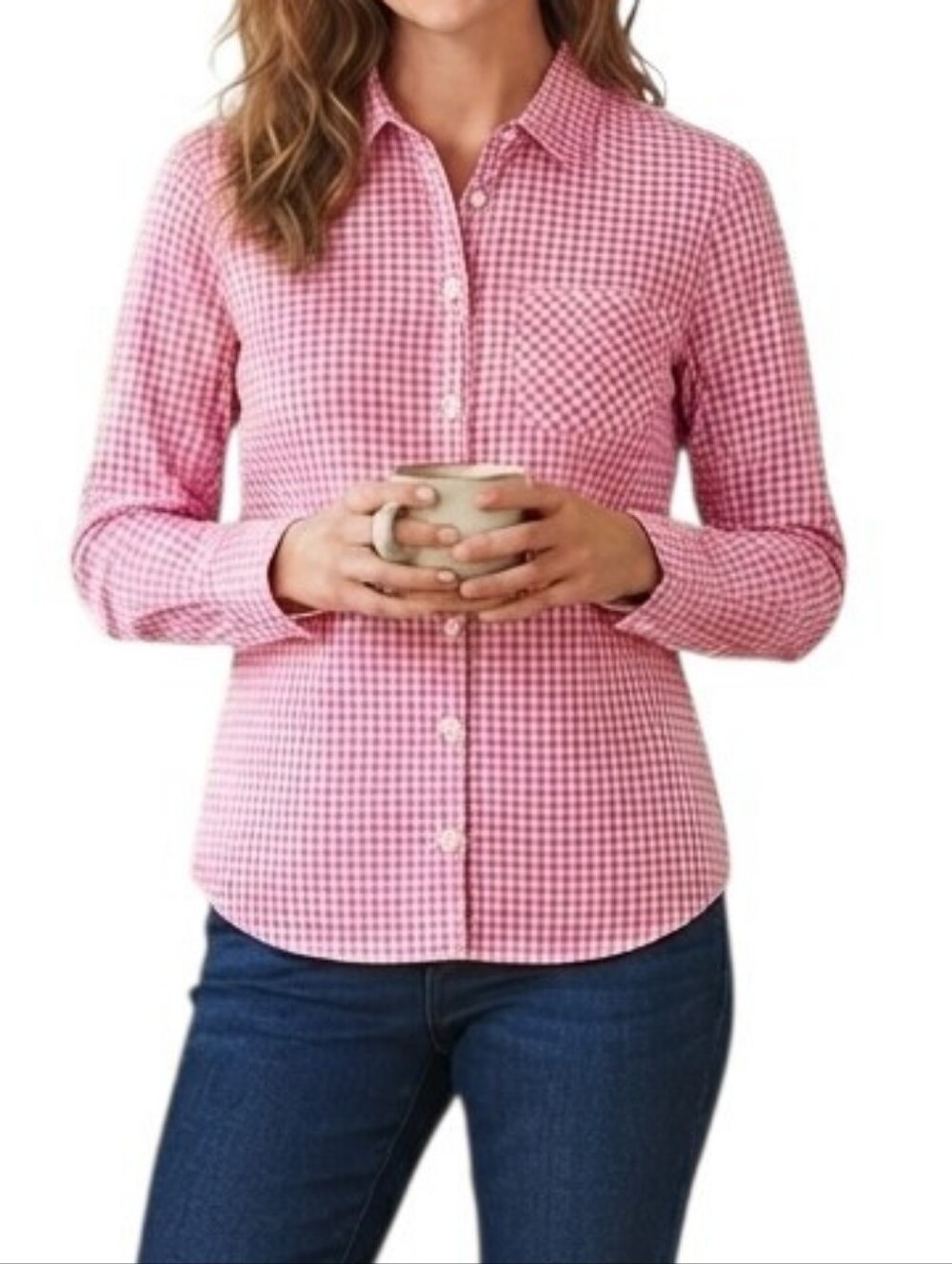 Ellen Tracy Pink and White Button Down Long Sleep Top Size M